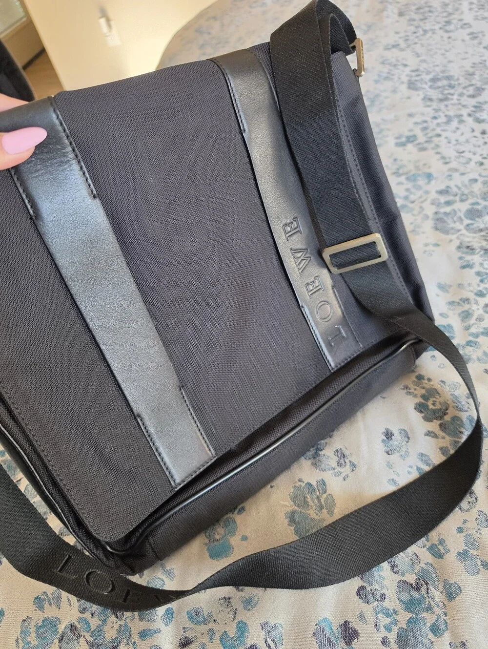 Authentic Loewe Navy-Black Messenger Bag with Leather Trim